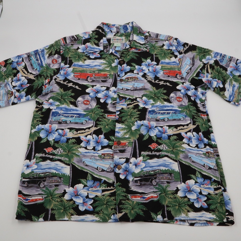 Reyn‎ Spooner Shirt Mens Medium Black Vintage Chevy Bel Air Car Tropical Rayon